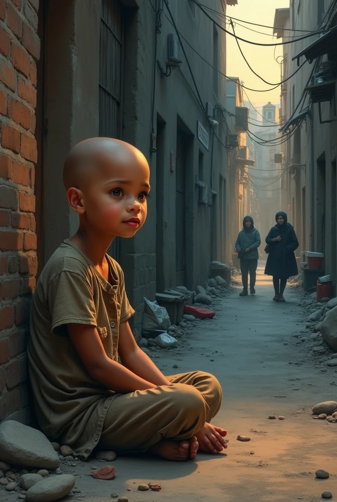A poor girl who is bald and is talking
