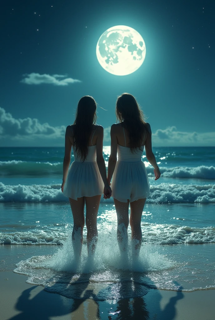 Two naked girls without clothes on the beach with the moon in the background