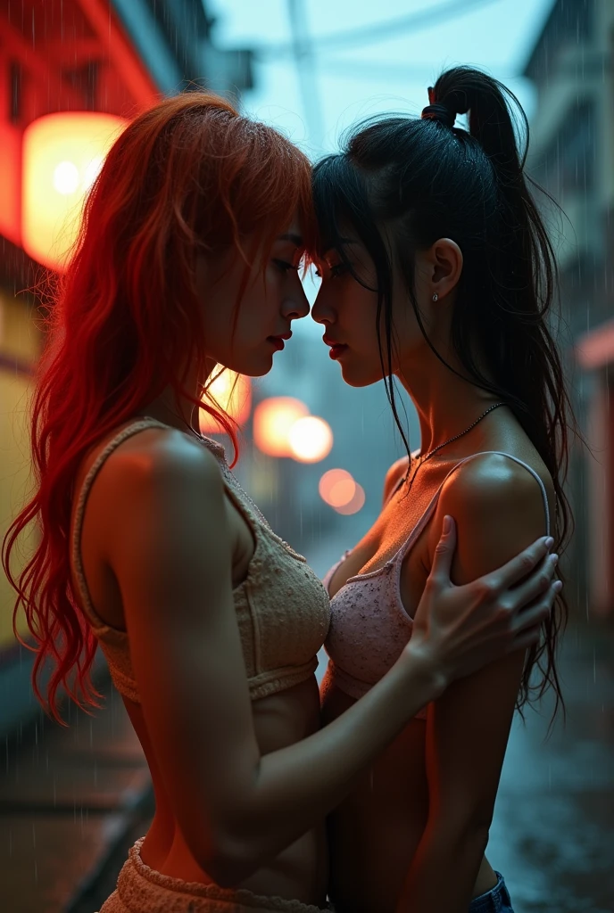 red-haired woman, removing a Japanese woman's bra, under the rain