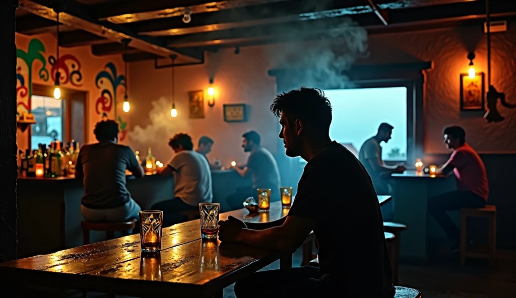 in a cantina amidst smoke and liquor a 30-year-old man absorbed in his thoughts, He holds a nearly empty glass in his hands, while looking through a window where the twilight can be seen on the horizon, 16:9, very detailed shadows and lights accentuate the melancholic atmosphere of the scene, classic atmosphere of a traditional Mexican cantina, in the image there are other people sitting at other tables talking, and you can see the bar of the cantina, all with elements of traditional Mexican culture