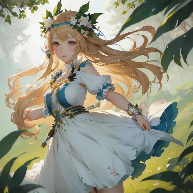 anime girl in a dress with flowers in her hair, beautiful maiden, cushart krenz key art feminine, anime goddess, cute anime waifu in a nice dress, in dress, guweiz on pixiv artstation, epic light novel art cover, high detailed official artwork, trending on artstation pixiv, goddess of nature