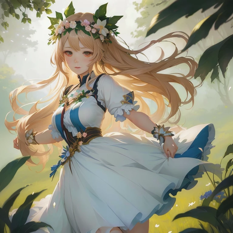 anime girl in a dress with flowers in her hair, beautiful maiden, cushart krenz key art feminine, anime goddess, cute anime waifu in a nice dress, in dress, guweiz on pixiv artstation, epic light novel art cover, high detailed official artwork, trending on artstation pixiv, goddess of nature
