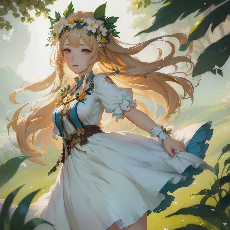 anime girl in a dress with flowers in her hair, beautiful maiden, cushart krenz key art feminine, anime goddess, cute anime waifu in a nice dress, in dress, guweiz on pixiv artstation, epic light novel art cover, high detailed official artwork, trending on artstation pixiv, goddess of nature
