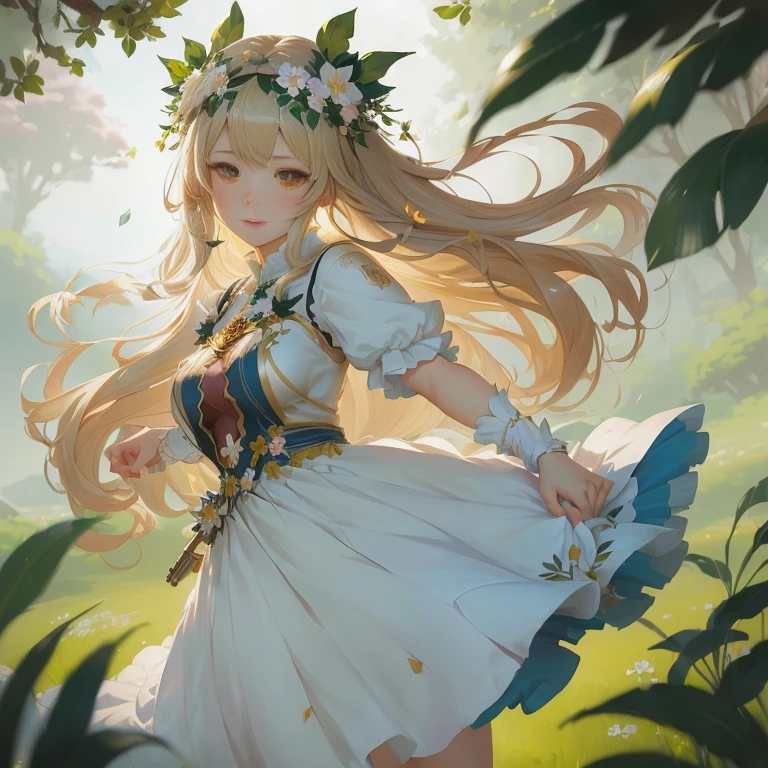 anime girl in a dress with flowers in her hair, beautiful maiden, cushart krenz key art feminine, anime goddess, cute anime waifu in a nice dress,  in dress, guweiz on pixiv artstation, epic light novel art cover, high detailed official artwork, trending on artstation pixiv, goddess of nature