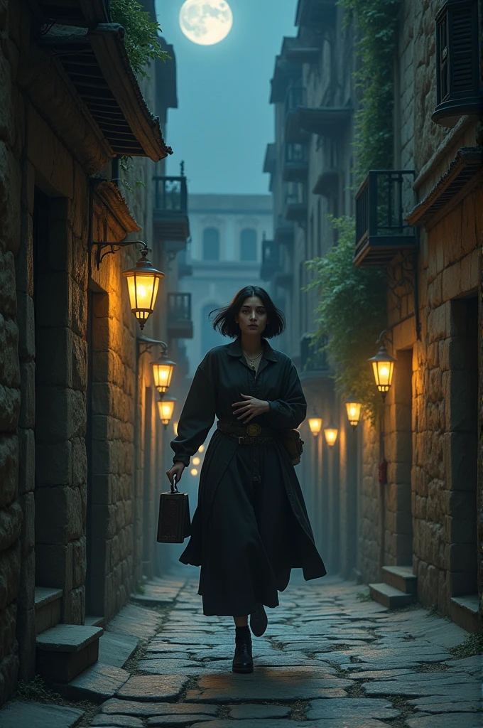 A woman around 23 years old, with short black hair, fleeing in the middle of the night because she stole a small box, The background scenario is of an ancient city