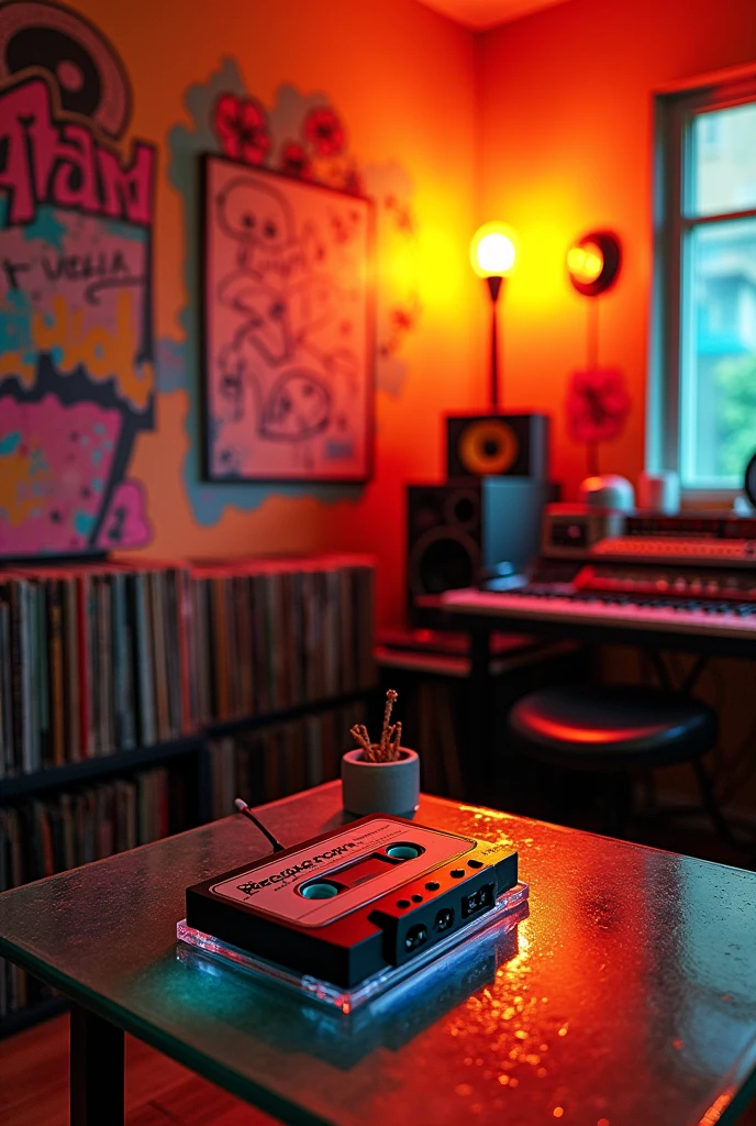 a music studio with a reggaeton cassette, detailed interior, high-quality photography, warm lighting, cinematic composition, vibrant colors, modern minimalist design, analog equipment, music equipment, musical instruments, retro style, urban graffiti, neon lights, environmental details