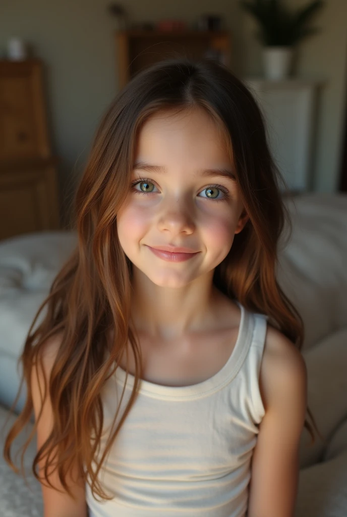 cute 12 year old girl, cum on face, slim figure, attire, without a top, photo taken from above, detailed face, pretty eyes, long eyelashes, cute expression, cozy living room, photorealistic, 4k, high quality