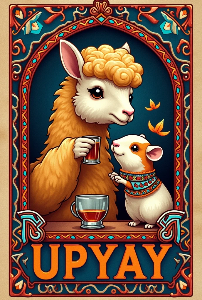 Create a logo for a bar.
Inspired by a Peruvian vicuña drinking and offering whiskey with a Peruvian guinea pig. It includes Inca designs from the Peruvian highlands and is extravagant and youthful..
Includes the Upyay name of the bar.