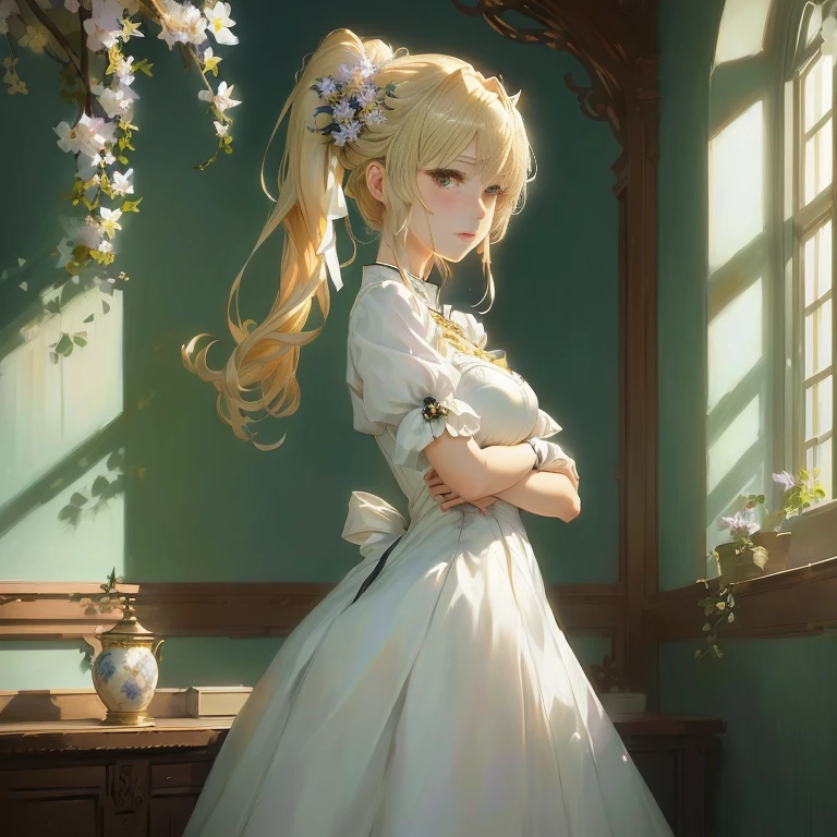 anime girl in a white dress standing in front of a window,  in dress, violet evergarden, painted in anime painter studio, anime visual of a cute girl, smooth anime cg art, guweiz on pixiv artstation, cute anime waifu in a nice dress, guweiz, blonde anime girl with long hair, rin