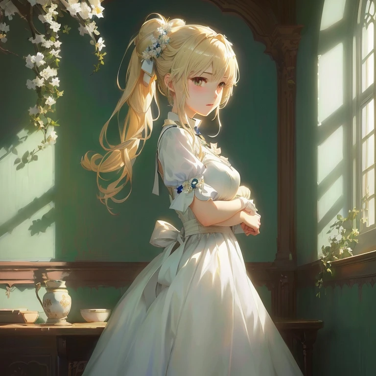 anime girl in a white dress standing in front of a window,  in dress, violet evergarden, painted in anime painter studio, anime visual of a cute girl, smooth anime cg art, guweiz on pixiv artstation, cute anime waifu in a nice dress, guweiz, blonde anime girl with long hair, rin