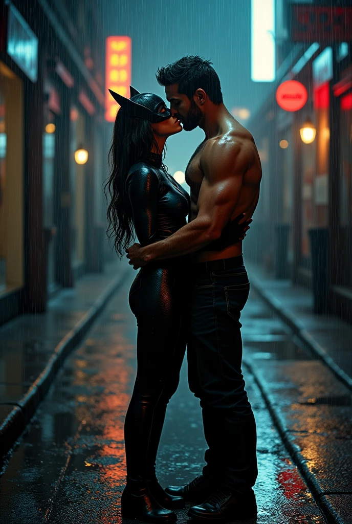 Catwoman Kissing A Normal Shirtless Man On The Lips But Wearing Pants On A Rainy Night