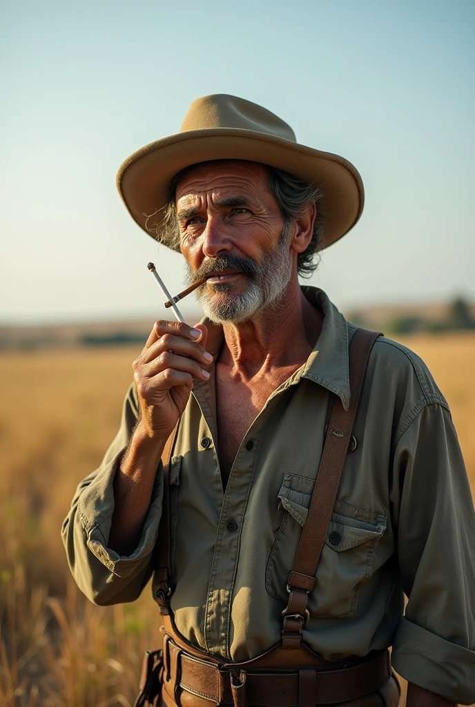 A 57 year old man,smoker,wiry hair , he has yellow teeth,mustache,pessimist,he wears worker's clothes, and a hat .In the background a pampas
Looking ahead
Smoking