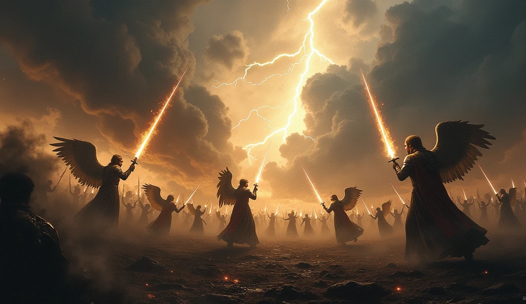 A vast, chaotic battlefield under a stormy, dark sky, where the forces of good and evil clash in an epic struggle. On one side, shining angels with swords of light engage in fierce combat against dark, shadowy figures representing the forces of evil. The ground is littered with fallen warriors, and the sky is torn with lightning as the two armies collide with immense power. In the background, ominous clouds swirl, and the earth shakes, emphasizing the magnitude of this final, apocalyptic confrontation at Armageddon.