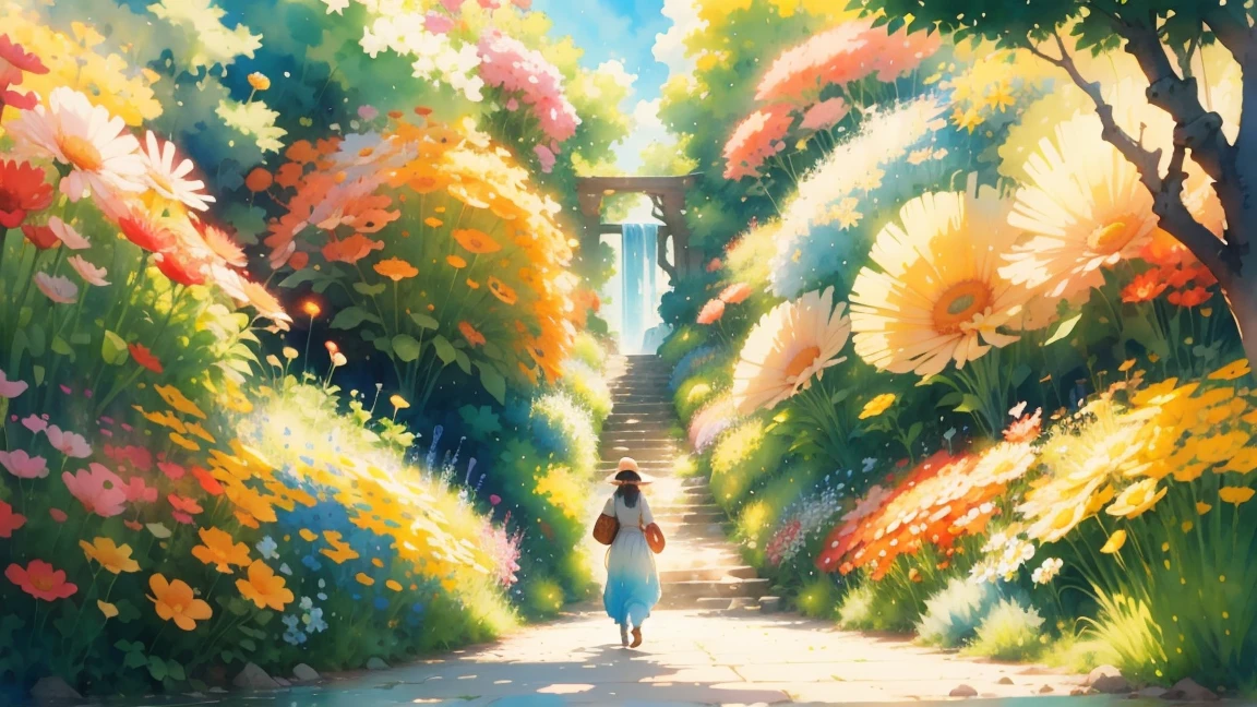 water color art,a person walking in a lit garden with butterflies, Dreams and reality are intertwined. The air is filled with the intoxicating fragrance of flowers, Symphony of exquisite perfume. The flowers seem to liberate the soul, Their essence mingles with the fragrant breeze that caresses the skin.