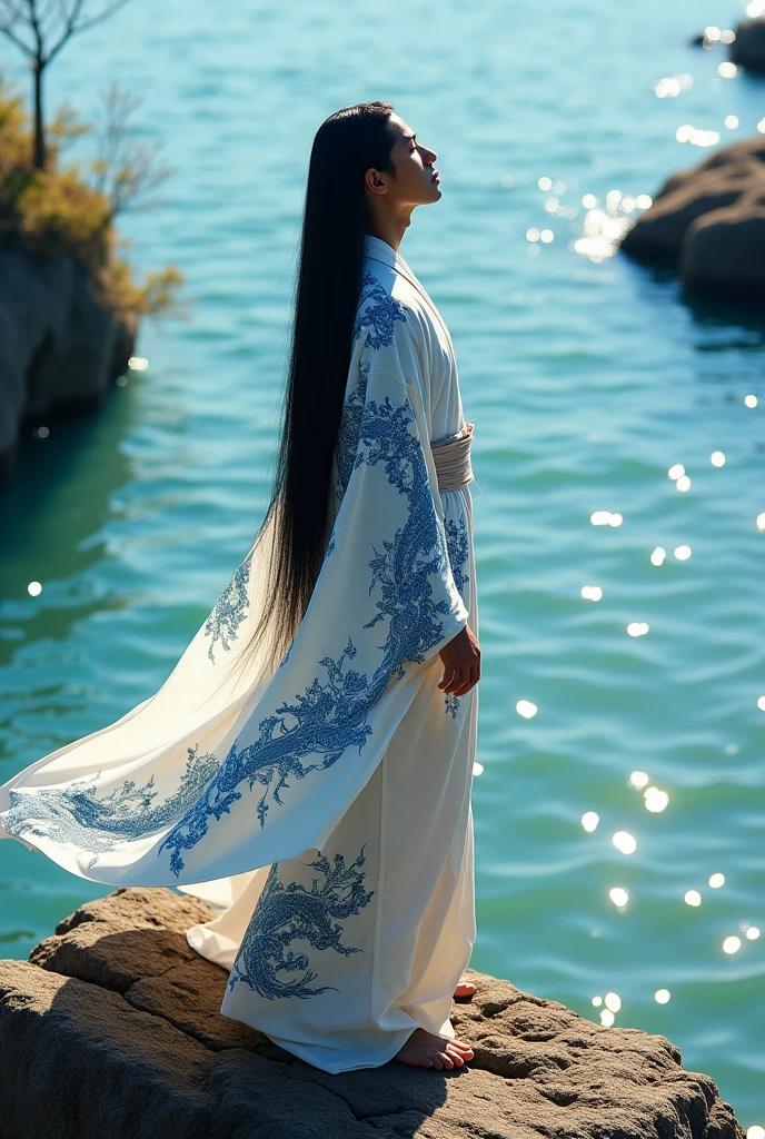 A Japanese man with long straight black hair dressed in a white kimono with blue Chinese dragons on top of a rock with water and a blue sky (frontal image, with his eyes closed)