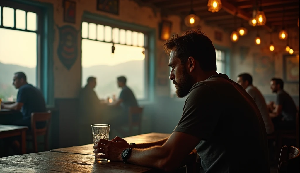 in a cantina amidst smoke and liquor a 30-year-old man absorbed in his thoughts, He holds a nearly empty glass in his hands, while looking through a window where the horizon is observed, 16:9, very detailed shadows and lights accentuate the melancholic atmosphere of the scene, classic atmosphere of a traditional Mexican cantina, in the image there are other people sitting at other tables talking, and you can see the bar of the cantina, all with elements of traditional Mexican culture