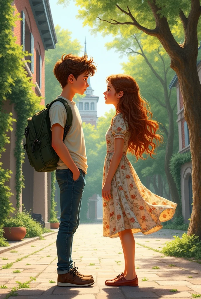 A 23 years old boy who fell in love, a 23 years old girl who afraid of love, in a University campus, vintage theme, pencil drawing, wide angle