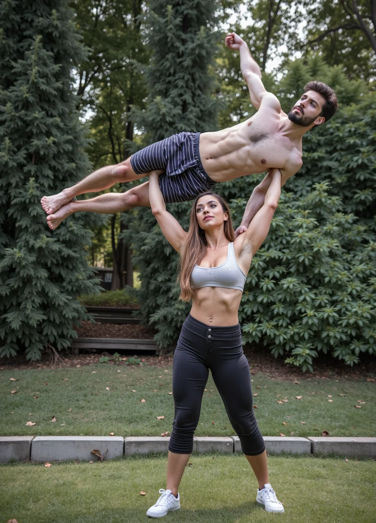 beautiful strong girl lifts man over her head,1girl, very muscular,detailed face,beautiful eyes,beautiful lips,detailed clothing,dramatic lighting,epic action pose,photorealistic,hyper detailed,8k,masterpiece,cinematic,dynamic camera angle,moody atmosphere,advanced 3d rendering,intricate details,beautiful flowing hair,chiaroscuro lighting