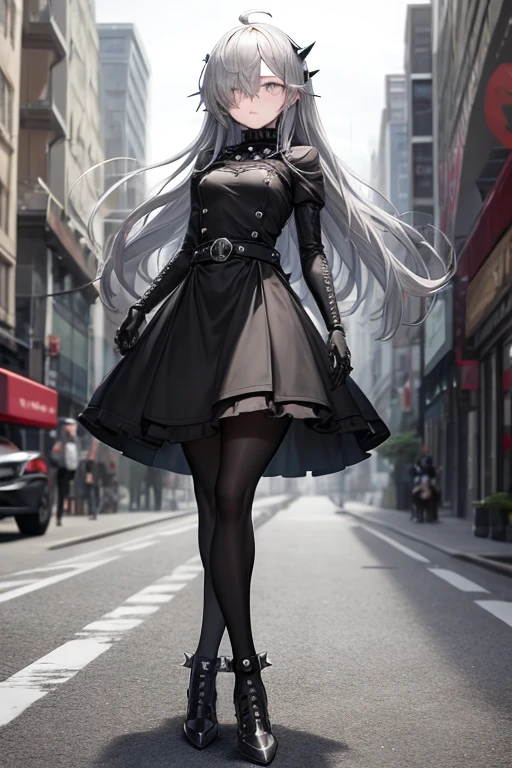 ((best quality)), ((masterpiece)), (detailed), 1 girl, Full body, 18 years old, Depressed face, Silver eyes, Arms behind waist, Eyes covered, Blushing, Silver hair, long hair, ahoge, Bangs, strand of hair covering her right eye, Full body, very tall, very Small , Slim body, Grey hood, Metal spikes, Grey wristbands, Long black gloves with spikes, Grey goth outfit, Gothic lolita,dress, Metal emblem, Tight fitting, Black belt, Metal skin, Black pantyhose, Blhoes, Walking through the city, Metal spikes coming out of the road, City background, Anime