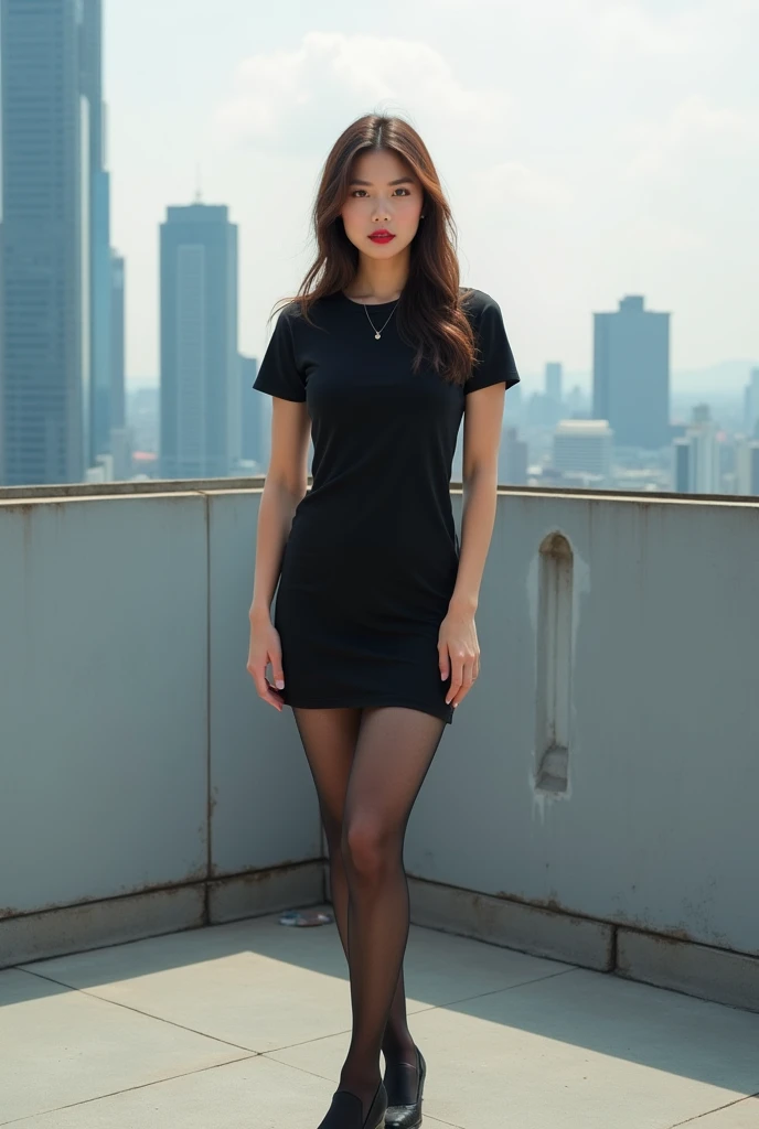 Show entire body, feet in view, gorgeous Asian supermodel, huge breasts , wearing tight t-shirt dress, sheer black pantyhose, flats, Clear eyes、red lipsticks, standing figure、Create a slender lower body curve、Expressing adult femininity、rooftop,