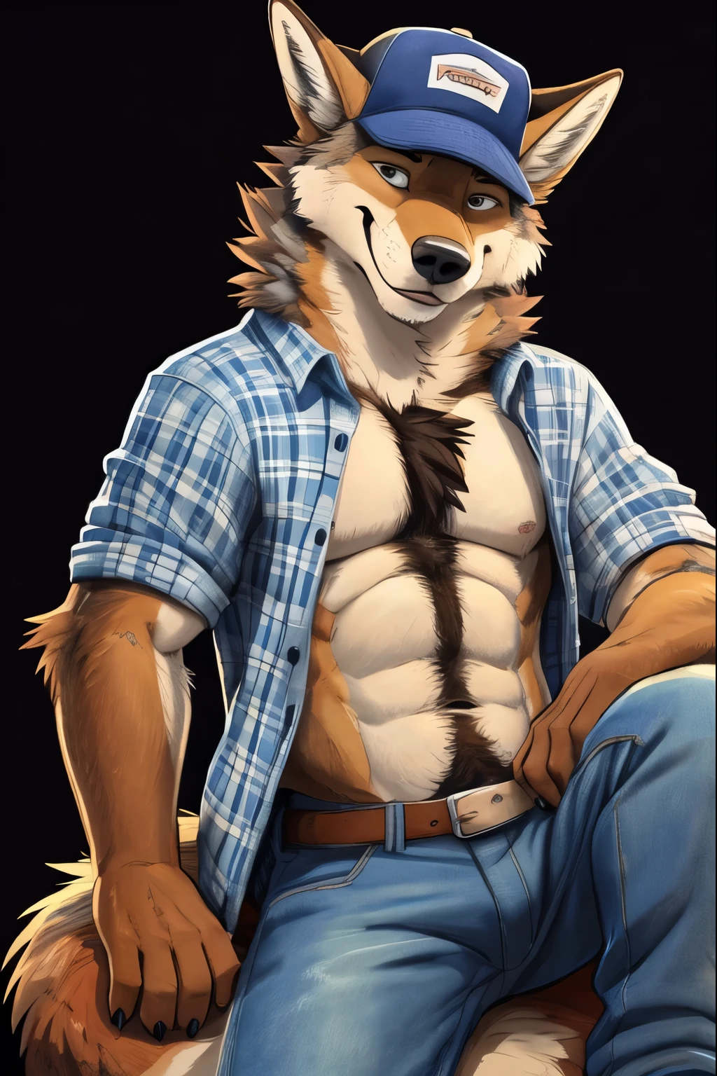 (pinup), Anthro, male, solo, full length portrait, canid, (coyote:1.1), athletic, abs, muscular, smile, blushing, digitigrade, barefoot, open shirt, jeans, trucker hat, happy trail, chest tuft, elbow tuft, (black background:1.1), digital artwork, (flat colors:1.2), (by adios, by k-9, by paintfox:.8), by delirost, by tritscrits, (detailed fur,detailed fur texture:0), (masterpiece, best quality, high quality, highres, ultra-detailed)