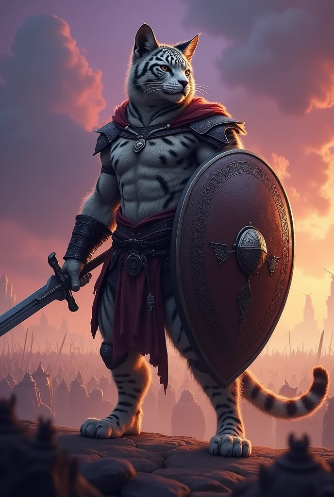 I want you to make an image of a humanoid feline holding a shield that goes up to his chest. On his left arm, put a leather armor. Now, a longsword on his right arm. The body is to have fur and I want the fur to be black and white.
