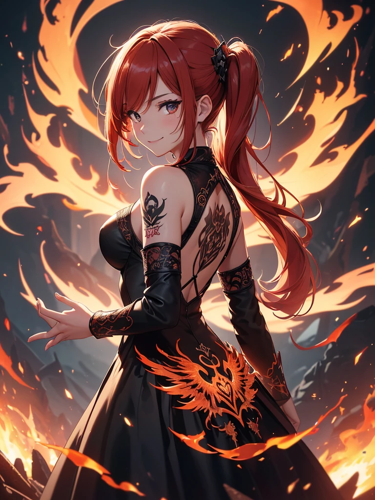 (((best quality, sharp image, clear image, cinematic lighting, 8k resolution, masterpiece, ultra detailed, intricate))) Girl, (((looking over left shoulder))), (shot from behind), ((shot from hip up)), fiery red hair, pigtails, ((intricate black dress)), ((flaming sigils, flaming runes)), spiky rock formations, (flaming lotus flowers frame), (intricate background), (chaotic background), ((Phoenix)), (swirling flames), smiling,tatoo on back