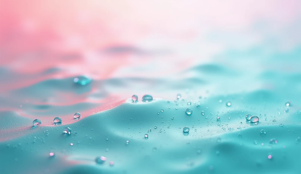 Textured surface with a gradient of pink and turquoise shades, accented with light and water droplets, creating a calm atmosphere