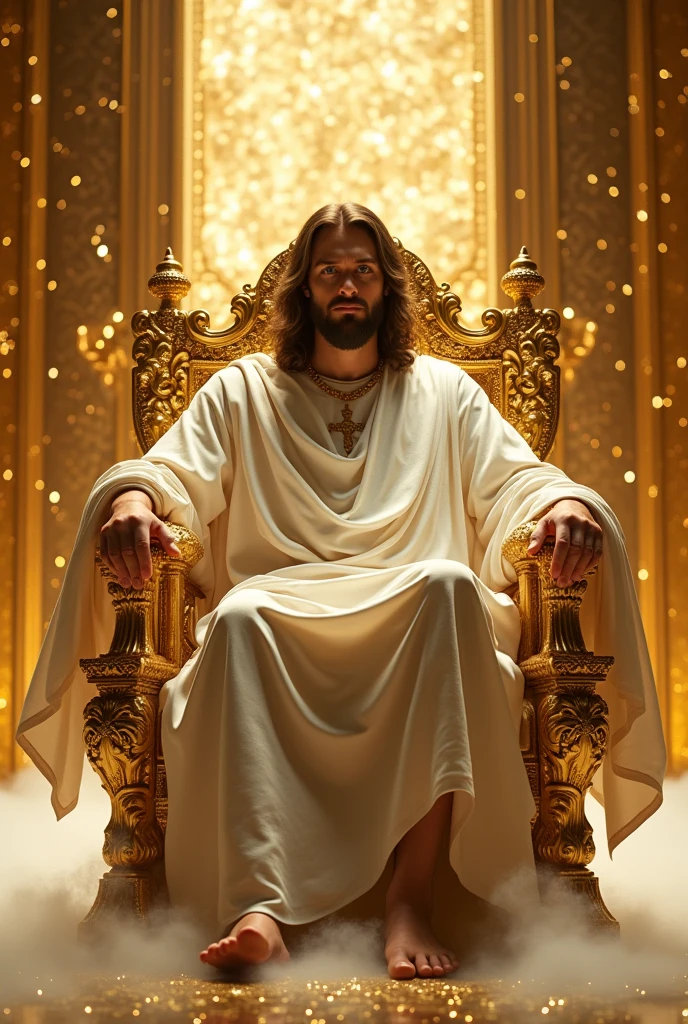 Jesus seated on a throne made entirely of gold and diamonds, depicted from the front, surrounded by gold walls.