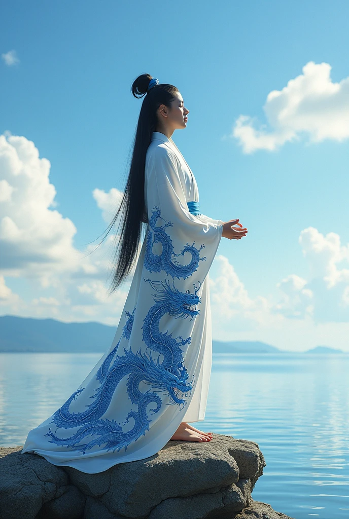 A Japanese man with long straight black hair dressed in a white kimono with blue Chinese dragons on top of a rock with water and a blue sky (image of him in front, with his eyes closed)