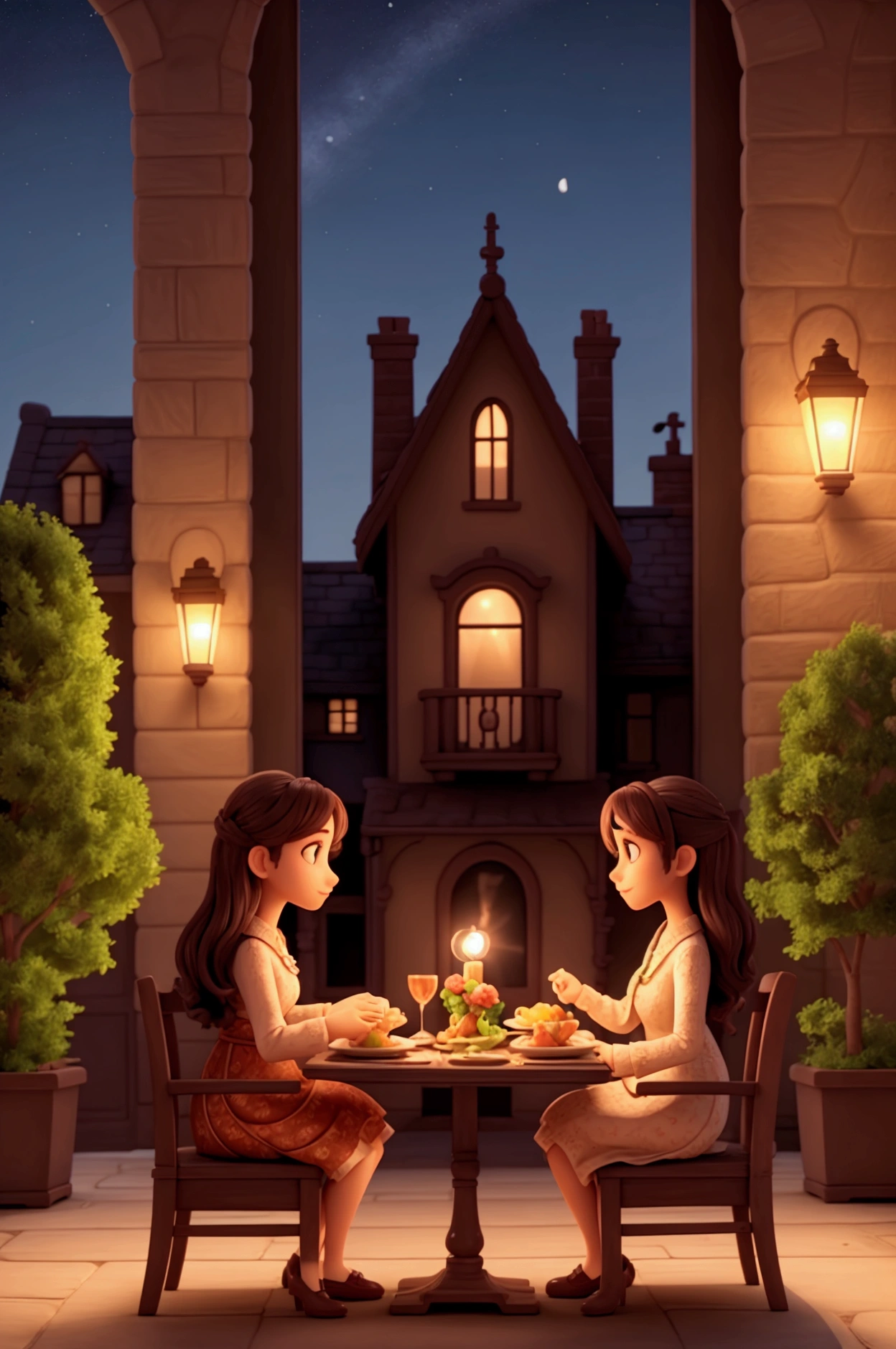 house with romantic dinner at night in the city of a brain