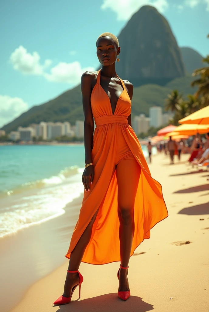 (photorealism:1.2), African woman with shaved head wearing jimmychoo, Rio De Janeiro instagram filter