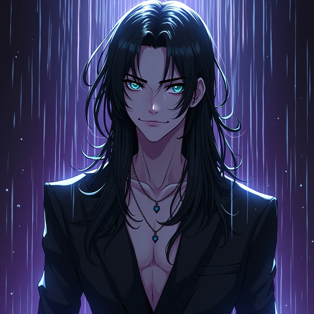 A sexy young male, black long hair, teal blue eyes. Gothic clothes. (Male) (no facial or body hair)) masterpiece, best quality, ultra-detailed, best shadow), (detailed background) (Purple and black) pretty handsome. wet, bottom angle, soaking wet, under a shower. Sexy Cute. No facial hair. No body hair. Naked. Wink. Seductive. Wet. Under a shower. Sexy. Pale and white skin like a vampire. Smirking. Anime style.