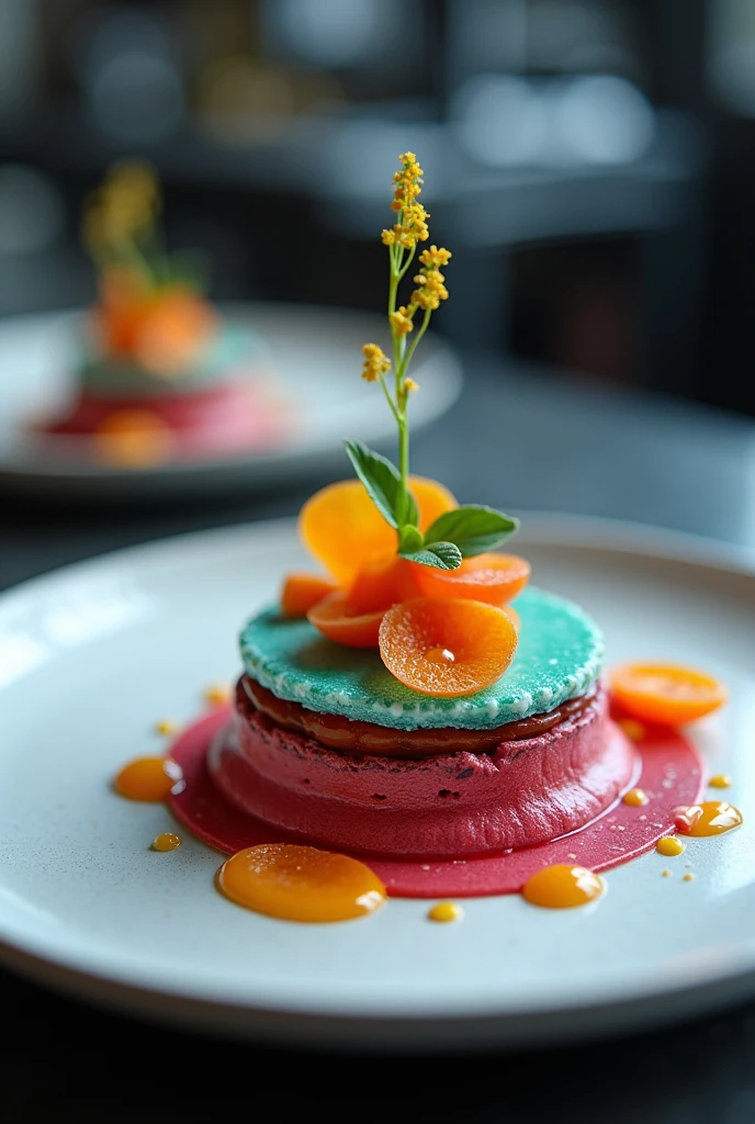 image of a 3d printed gourmet dish, with precise details and modern appearance, or a working 3d printer, creating a colorful and innovative food.