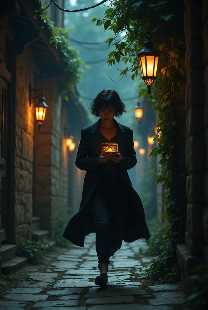 A woman around 23 years old, with short black hair, fleeing in the middle of the night because she stole a small box, The background scenario is of an ancient city, so a man pulls her into one of those houses.
