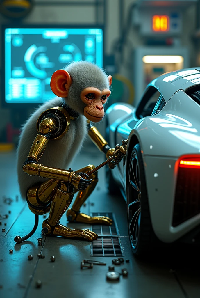 Mechanical monkey fixes car
