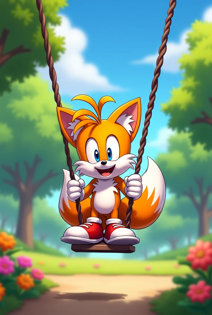 Tails Prower, Miles Prower, solo, looking at viewer, smile, 1boy, sitting on a swing full body, 2d animation with his shoes and gloves on