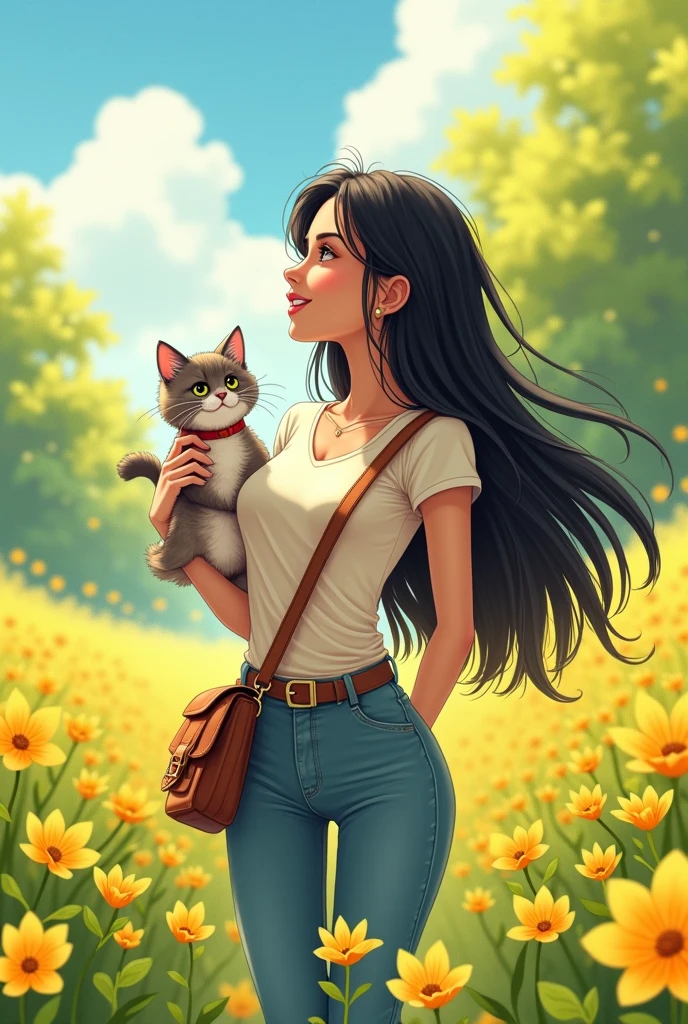 They beautiful lady, black long hair wearing tshirt with jeans, freestyle enjoy the healing and charming carrying a sling bag, accompanied by her adorable pussy cat enjoying a lovely spring outing surrounded by beautiful yellow flowers and natural scenery. The illustration is in high definition at 4k resolution, wit? highly-detailed facial features and cartoon-style visuals.