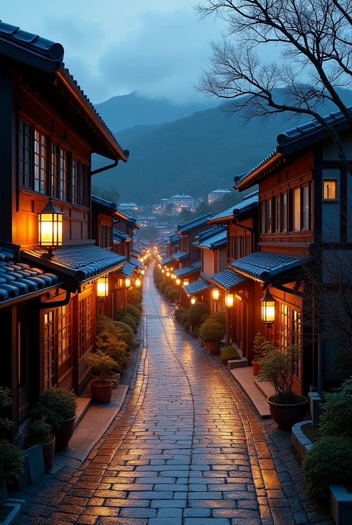 Japan, Hot Spring Town, Large scale, Cobblestones, Old Town, Exterior lights,bright,Solemn,Solemn, Great composition, Realistic lighting, HD detailed, masterpiece, Highest quality, (High-definition CG synthesis 8k wallpaper)