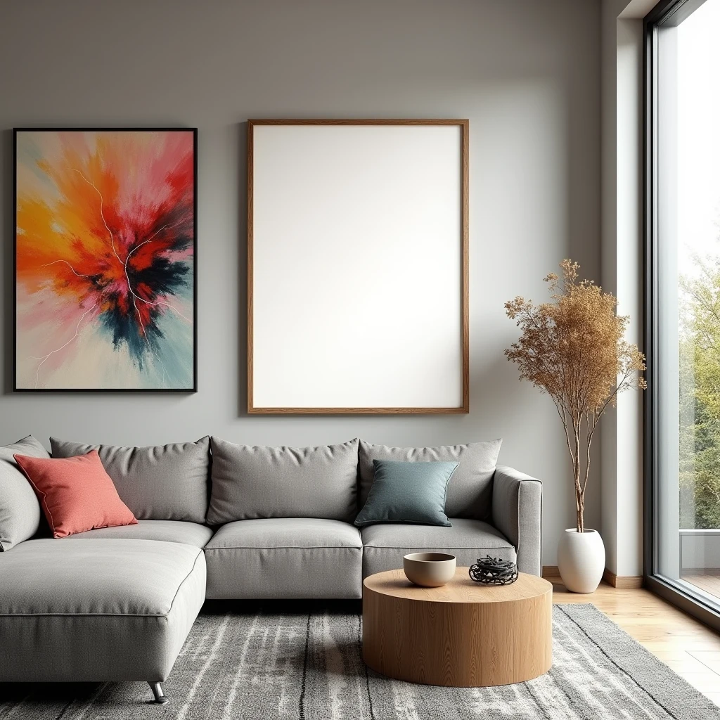 A4-sized wooden frame with a blank canvas, displayed in a modern living room interior. The room features a sleek gray sofa, abstract art on the walls, and large windows allowing natural light to flood in, enhancing the minimalistic and contemporary design