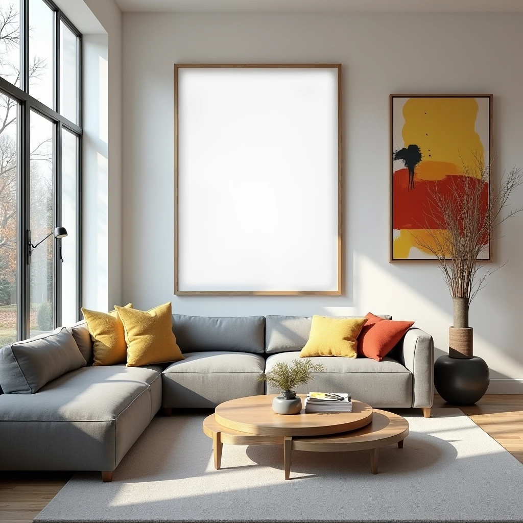A4-sized wooden frame with a blank canvas, displayed in a modern living room interior. The room features a sleek gray sofa, abstract art on the walls, and large windows allowing natural light to flood in, enhancing the minimalistic and contemporary design