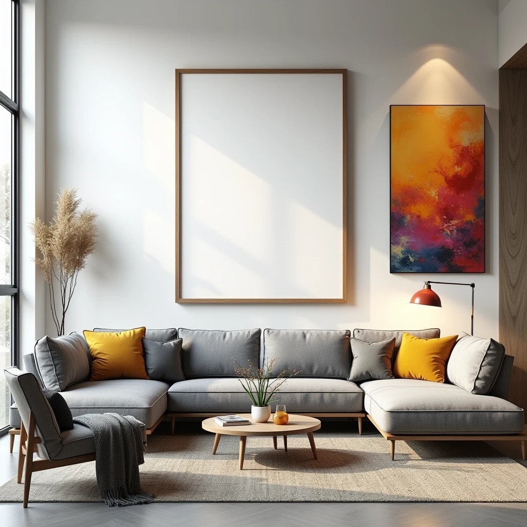 A4-sized wooden frame with a blank canvas, displayed in a modern living room interior. The room features a sleek gray sofa, abstract art on the walls, and large windows allowing natural light to flood in, enhancing the minimalistic and contemporary design