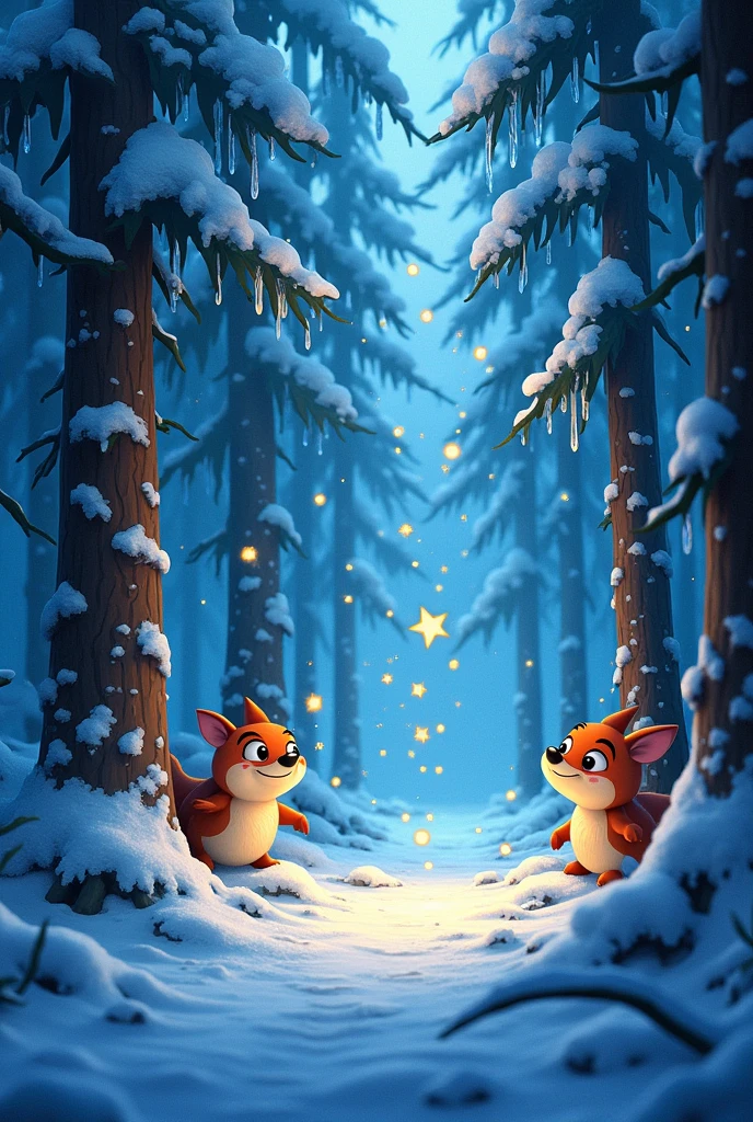 A flash illuminates the nearby forest, harsh winter, cartoons