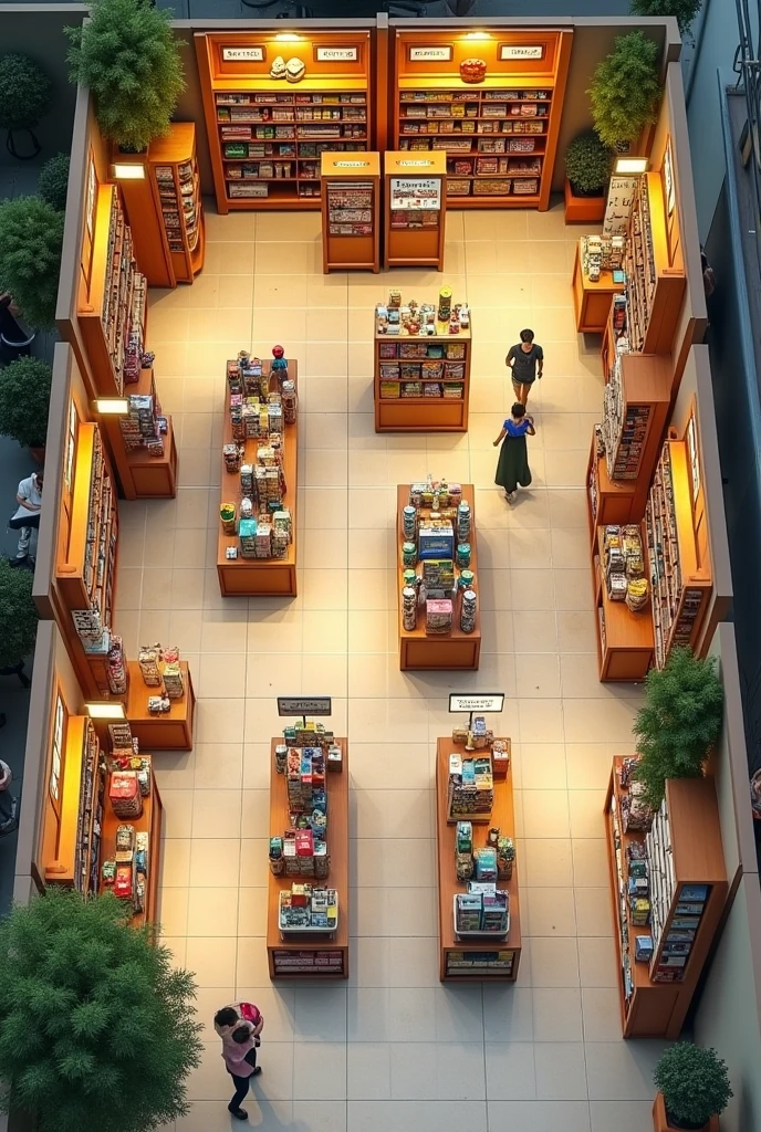 "Draw a floor plan of a retail store located on Avenida Comercial Norte, organized into four main sectors: bomboniere, papelaria, tecnology, and clothes, with a total of 33 departments. The plan should show the division of the sectors clearly, with the toy sector being the largest. Each sector should have a well-defined area, and the store should include six self-checkout kiosks strategically placed in the exit area, with two employees controlling the flow. The design should reflect a rustic aesthetic, with elements that provide comfort and a sense of connection with nature. Add intuitive signage that refers to each sector, and use a yellowish lighting in the environment to create a peaceful atmosphere." Make it in top-down view format, like a hand drawn pencil drawing