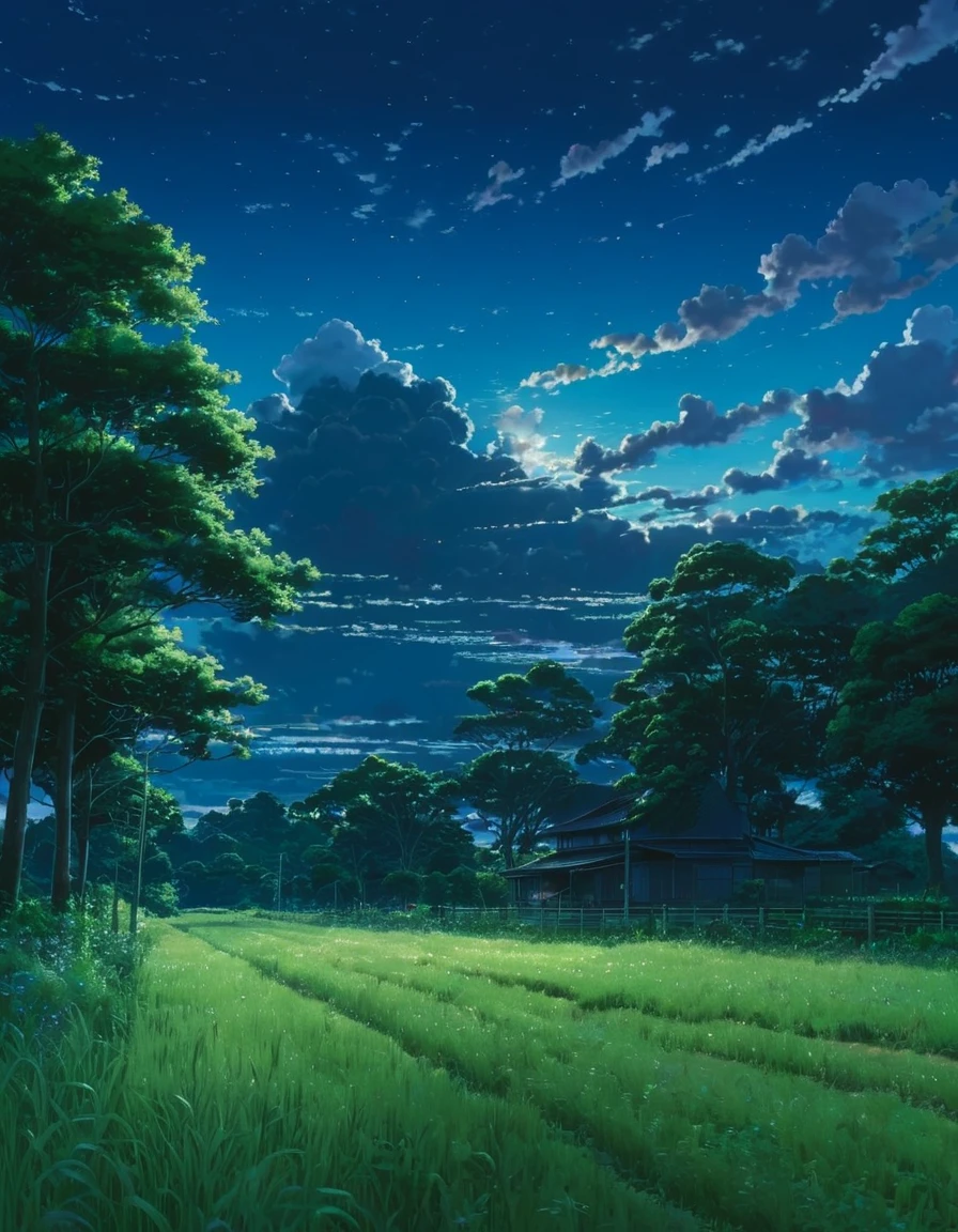 (((Makoto Shinkai))), Summer night in the countryside, Iridescent summer clouds and trees,(masterpiece, top quality, top quality),(Super detail, Absolute resolution),((16k, High resolution)))