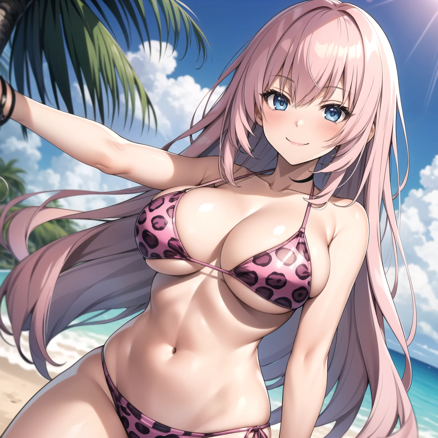 Honami Ichinose, Woman 25 years old, bright pink hair, bright blue eyes, happy smile, blush,,, big breasts, pink leopard print bikini, background a tropical beach