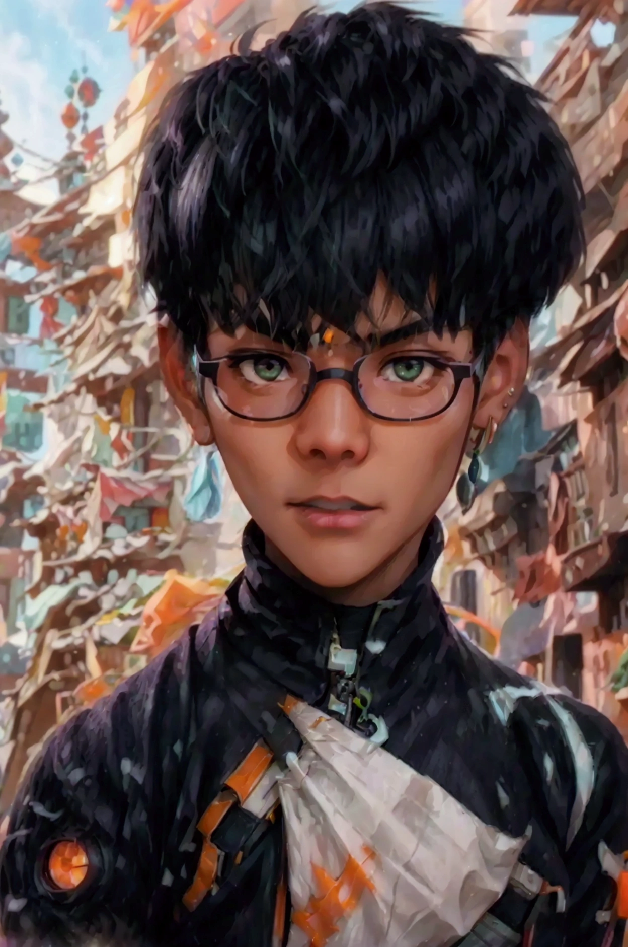 (appearance) a young man of South Asian race, with black hair, slightly narrow green eyes eyes, (suite) dressed in a плотный черный плащ of the future with luminous elements, glasses with eyepieces, narrow luminous cyberpunk glasses, (hairstyle) almost completely shaved head, shaved temples, In the middle is a mohawk, narrow and short mohawk, long narrow mohawk with cutouts, (effects) 8k quality,  sharp focus,fine details, HDR, realism, realistic,  key visual, film still, cinematic color grading, depth of field, background cyberpank 2077, Night, neon light, (emotional) a stern face, with glowing eyes, A face in partial shade, expressive look, expressive face, sci-fi, telephoto shot, chromatic aberrations, tilt-shift effect, light leaks, expressive narrow eyebrows