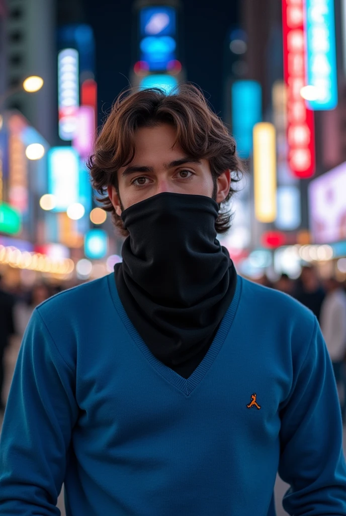 Anime character with a bandana covering their mouth,
With a parted hairstyle, medium-length brown hair, the character must be male. The bandana is black and should be somewhat tight. Apparently, he is 18 years old, wearing a blue sweater.