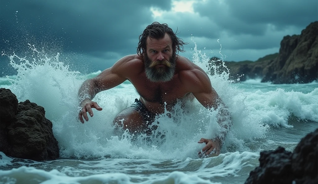 Dramatic scene showing the moment a man with a long beard and slightly long hair falls into the rough waters.