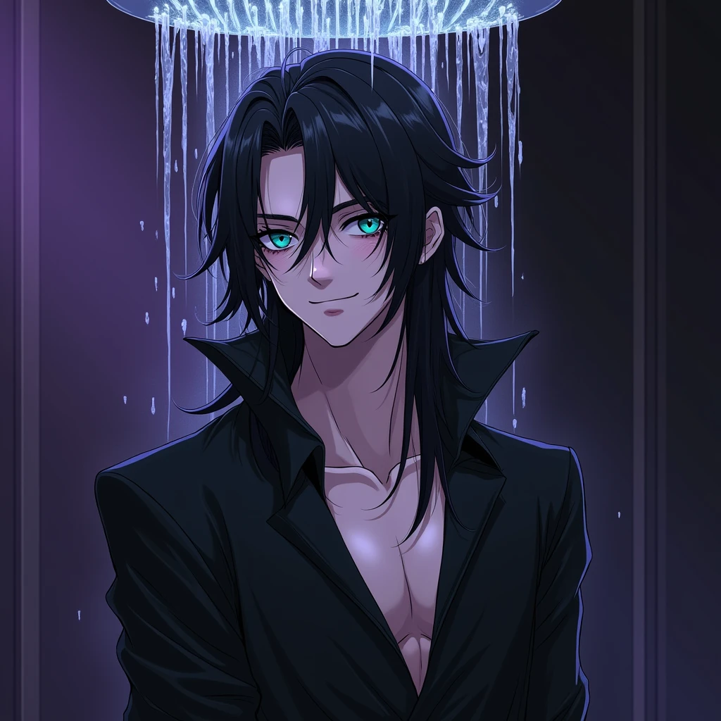 A sexy young male, black long hair, teal blue eyes. Gothic clothes. (Male) (no facial or body hair)) masterpiece, best quality, ultra-detailed, best shadow), (detailed background) (Purple and black) pretty handsome. wet, bottom angle, soaking wet, under a shower. Sexy Cute. No facial hair. No body hair. Naked. Wink. Seductive. Wet. Under a shower. Sexy. Pale and white skin like a vampire. Smirking. Anime style.